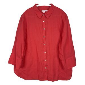 Chico's Linen Shirt Button Down Sz 4 US 20 Red 3/4 Sleeve Classic Relaxed‎ Comfy
